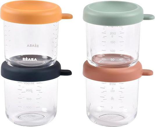 BEABA 4 Pack Glass Baby Food Jars with Soft Silicone Air Tight Lids, 8 oz Glass Storage Containers with Lids, Microwave and Freezer Safe Containers, Sunrise-CubbioJoy