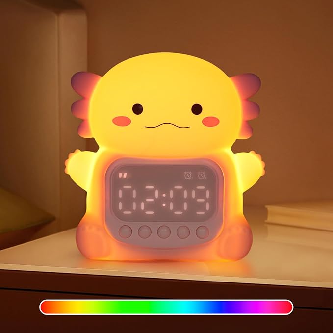 Axolotl Alarm Clock with Night Light for Kids, 7 RGB Color Cute Alarm Clocks for Bedrooms Ok to Wake Clocks, Silicone Animal Tabletop Lamp for Teen Girls Boys-CubbioJoy