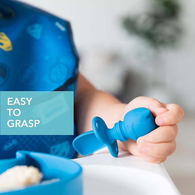 Bumkins Baby Utensils Set, Chewtensils Silicone Spoons for Dipping, Self-Feeding, Baby Led Weaning, Trainer Learning, First Stage Eating, Soft Practice Fork and Spoon, 6 Months, Batman Blue-CubbioJoy