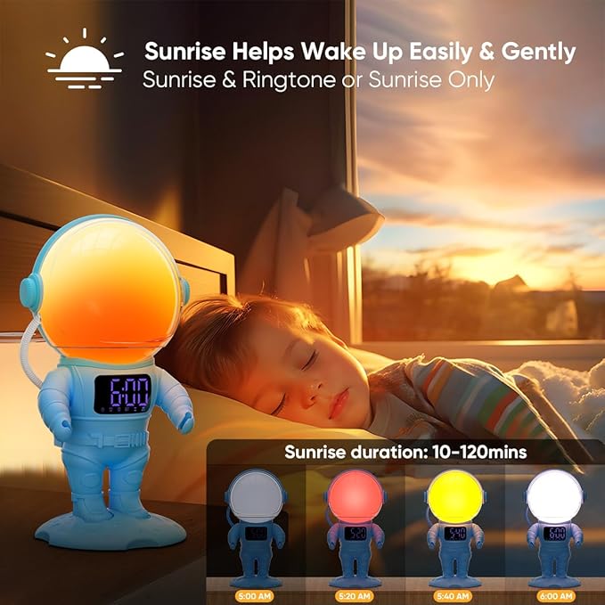 Astronaut Sunrise Alarm Clock for Kids, White Noise Sound Machine with 30 Soothing Sounds, 22 Dimmable Nightlights, Bluetooth Speaker, Dual Digital Alarm Clocks, Wake Up Light for Bedroom, Adults-CubbioJoy