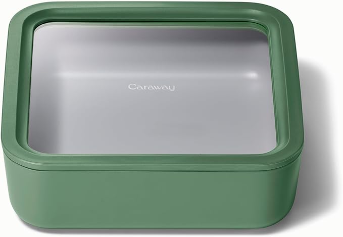 Caraway Glass Food Storage, 10 Cup Glass Container,Ceramic Coated Food Container,Easy to Store, Non Toxic, Non Stick Lunch Box Container with Glass Lids. Dishwasher, Oven,Square Shape,Sage-CubbioJoy