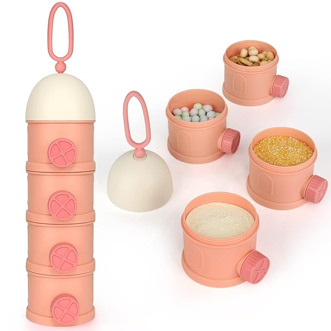 Accmor Formula Dispenser On The Go, 4 Layers Stackable Formula Container to Go, Non-Spill Portable Milk Powder Baby & Kids Snack Container, Pink-CubbioJoy