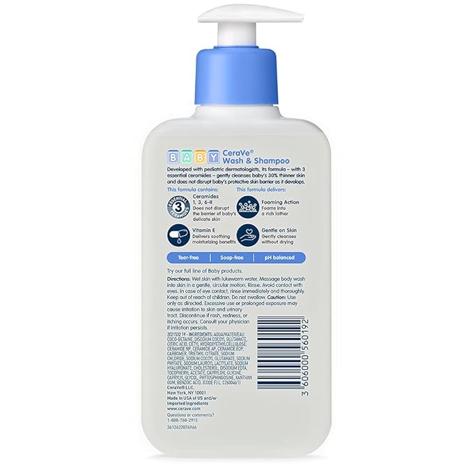 CeraVe Baby Wash & Shampoo, Fragrance, Paraben, & Sulfate Free Shampoo for Tear-Free Baby Bath Time, 8 Ounce-CubbioJoy