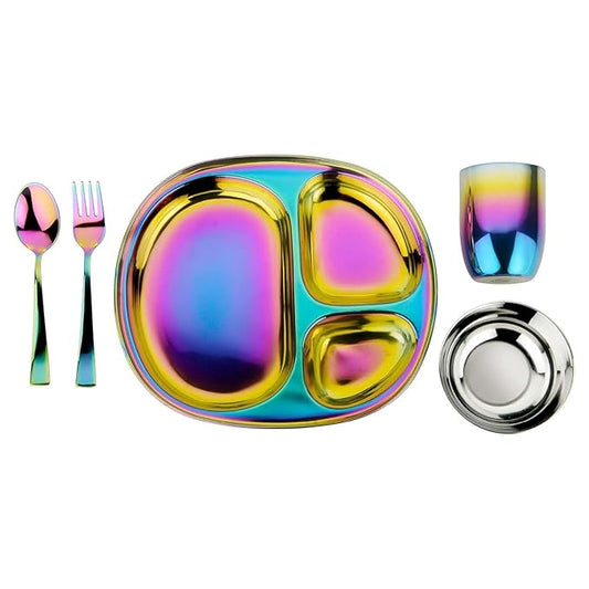 Ahimsa Stainless Steel Kids Dinnerware Set - 5 Piece Stainless Steel Toddler Plates and Bowls Set, Pediatrician Designed, Non Toxic Toddler Plate and Bowl, Kids Utensils and Cup (Rainbow)-CubbioJoy