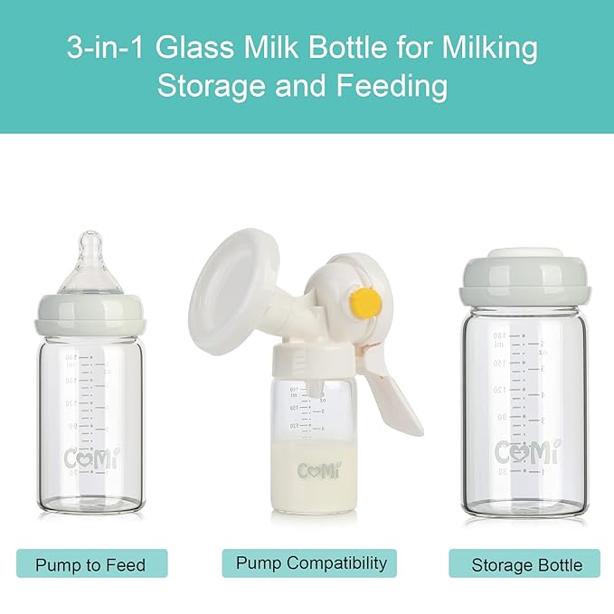 COMI Wide Neck Glass Breastmilk Collection n Storage Bottle, 4 Packs, 6oz with Screw Ring Sealing Disk; Re-markable Sealing Disc. BPA Free, Fits Breast Pumps & Nipples (2 Gray Lids + 2 Pink Lids)-CubbioJoy