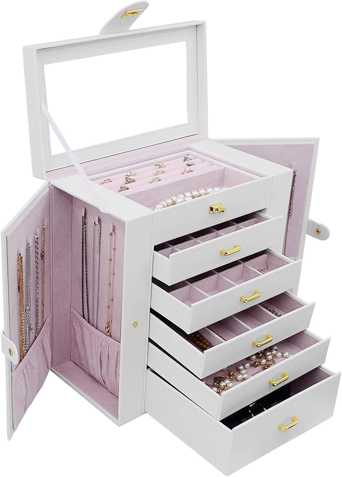 AKOZLIN Extra Large 6-Tier Jewelry Box Organizer with Mirror, 5 Drawers Leather Jewelry Storage Case for Women Girls Ring Necklace Earring Bracelet White-CubbioJoy