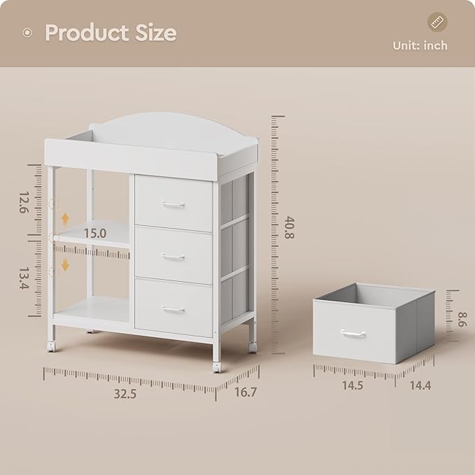 Changing Table Dresser, Baby Dresser with 3 Fabric Drawers and 2 Shelves, Multi-Functional Baby Changing Table with Pad, Classic Nursery Dresser, Diaper Changing Station for Nursery, White-CubbioJoy