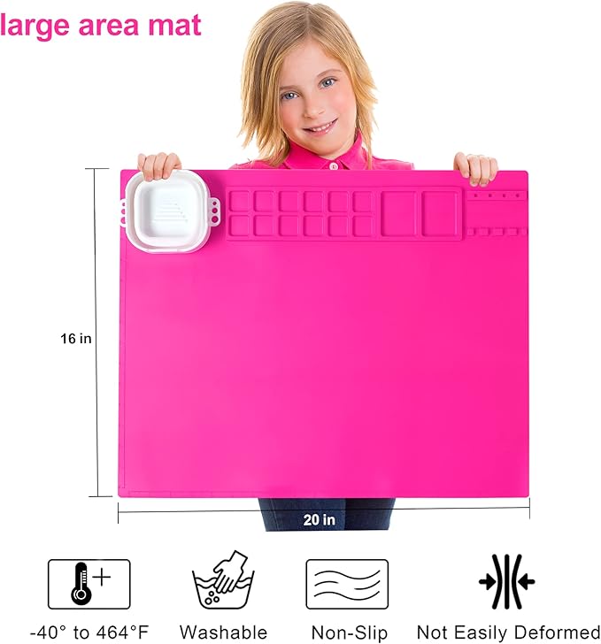 AWOKE Silicone Painting Mat - 20"X16" Silicone Art Mat with 1 Water Cup for Kids - Craft Mat has12 Color Dividers - 2 Paint Dividers (Rose)-CubbioJoy