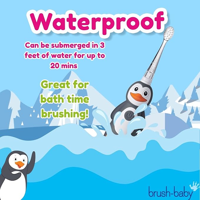 brush-baby WildOnes Kids Electric Rechargeable Toothbrush Penguin, 1 Handle, 3 Brush Heads, USB Charging Cable, for Ages 0-10 (Penguin)-CubbioJoy