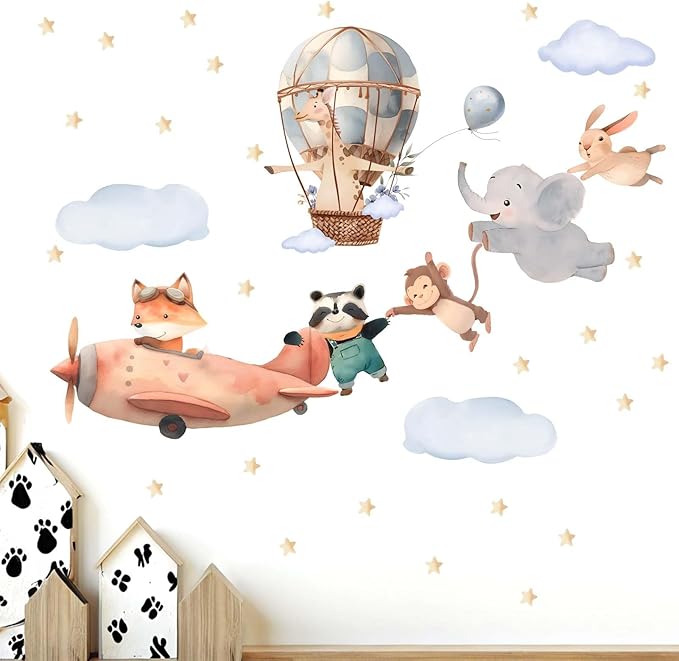 Animals Airplane Wall Stickers for Nursery: Baby Kids Bedroom Wall Decals - Aircrafts Hot Air Balloon Elephant Fox Giraffe Monkey-CubbioJoy