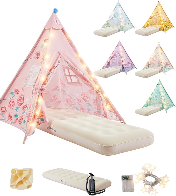 6 Pack Teepee Tent for Kids with Inflatable Airbed, Light, Toddler Tent Children Room Tents, Slumber Party Sleepover Tents, Indoor Outdoor Kids Playtent Playhouse for Girls & Boys-CubbioJoy