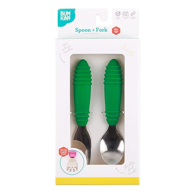 Bumkins Toddler Utensils, Kids Size Fork and Spoon Set, Silicone and Stainless-Steel Training Silverware, Fork / Spork for Self-Feeding, Children Hold Learning to Eat, 18 Months Up, Jade Green-CubbioJoy