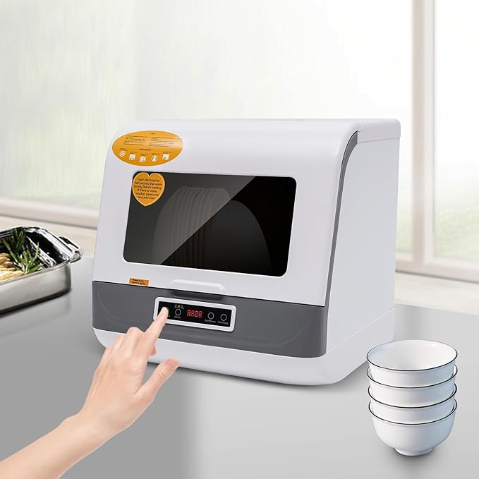 800W Portable Countertop Dishwasher, 110V Automatic Mini Dishwasher Machine with 3 Washing Programs, 360° Rotating Spray Air Drying Function for House Dorm Apartment RV-CubbioJoy