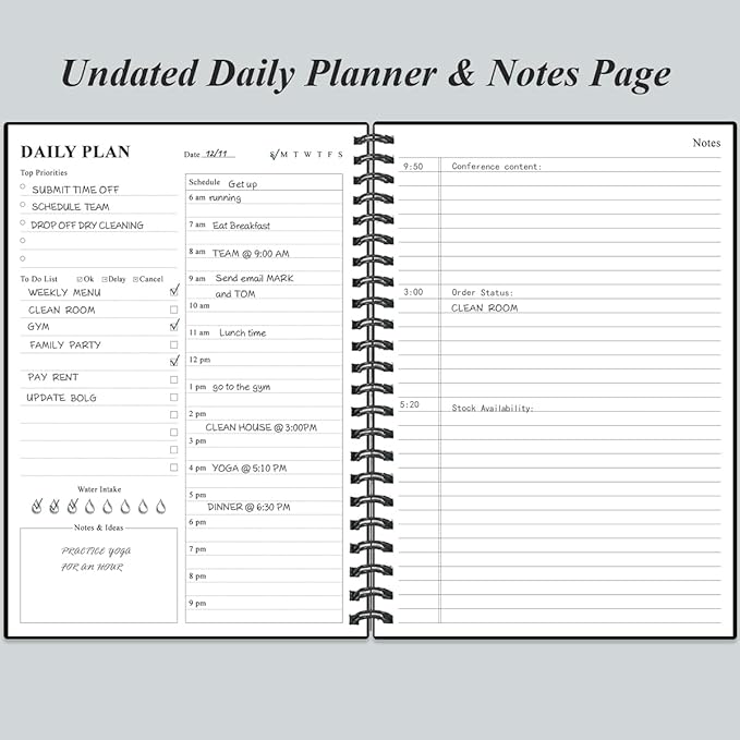 Daily Planner Undated - B5 To Do List Notebook Hourly Schedules, Spiral Appointment Planner for Women and Men, PVC Hardcover, Inner Pocket, Elastic Closure, 7" x 10", Black-CubbioJoy