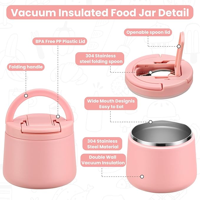 14oz Insulated Vacuum Food Jar with Buckle Lid,Soup Thermo for Hot Food Kids,Wide Mouth Leakproof Stainless Steel Lunch Container with Spoon-Pink-CubbioJoy
