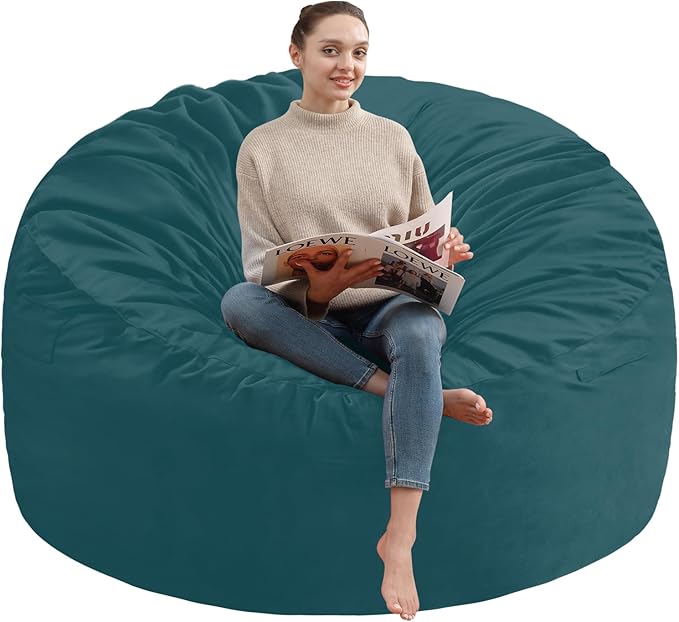 5FT Bean Bag Chair, Large Bean Bag Chairs with Memory Foam Filled, Fluffy Beanbag Sofa with Dutch Velvet Cover, Round BeanBag Chairs for Living Room, Playroom- Sea Blue-CubbioJoy