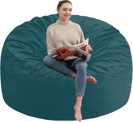 6FT Bean Bag Chair, Large Bean Bag Chairs with Memory Foam Filled, Fluffy Beanbag Sofa with Dutch Velvet Cover, Round BeanBag Chairs for Living Room, Playroom - Sea Blue-CubbioJoy