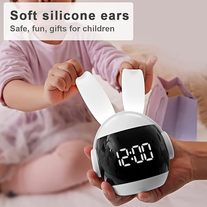 Kids Alarm Clock for Kids, Bunny Alarm Clocks for Girls Boys, White Kid Alarm Clock with Ringtones & Night Light Rechargeable Snoozing-CubbioJoy