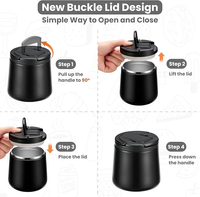 20oz Insulated Vacuum Food Jar with Buckle Lid,Soup Thermo for Hot Food Kids,Wide Mouth Leakproof Stainless Steel Lunch Container with Spoon-Black-CubbioJoy