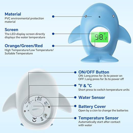 Baby Bath Thermometer, Infant Digital Water Thermometer Safety with 3 Color Backlit and Temperature Warning, Room Thermometers Floating Toy for Infant, Toddler, Bathtub, Swimming Pool (Light Blue)-CubbioJoy