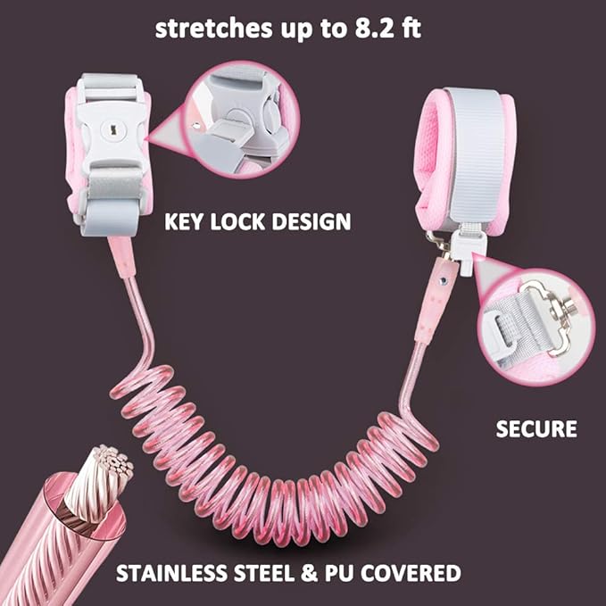 Anti Lost Wrist Link (8.2ft), Socub Breathable Toddler Leash Wrist for Child Safety, Wrist Link for Kids with Key Lock, Pink-CubbioJoy