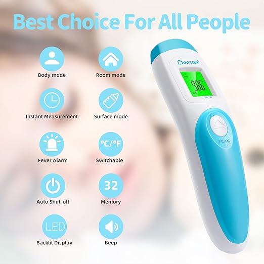 Berrcom Non Contact Forehead Thermometer Digital 3 in 1 Contactless Infrared Thermometer for Babies Adults Objects and Space Instant Measuring Time Memory Function-CubbioJoy