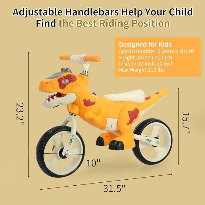 Dinosaur-Themed Toddler Balance Bike Toys for 2-7 Year Old Girls & Boys - Music & Lighting Effects, No-Pedal Training Bike, Best Gifts for Kids with Carbon Steel Frame & Adjustable Handlebar-CubbioJoy