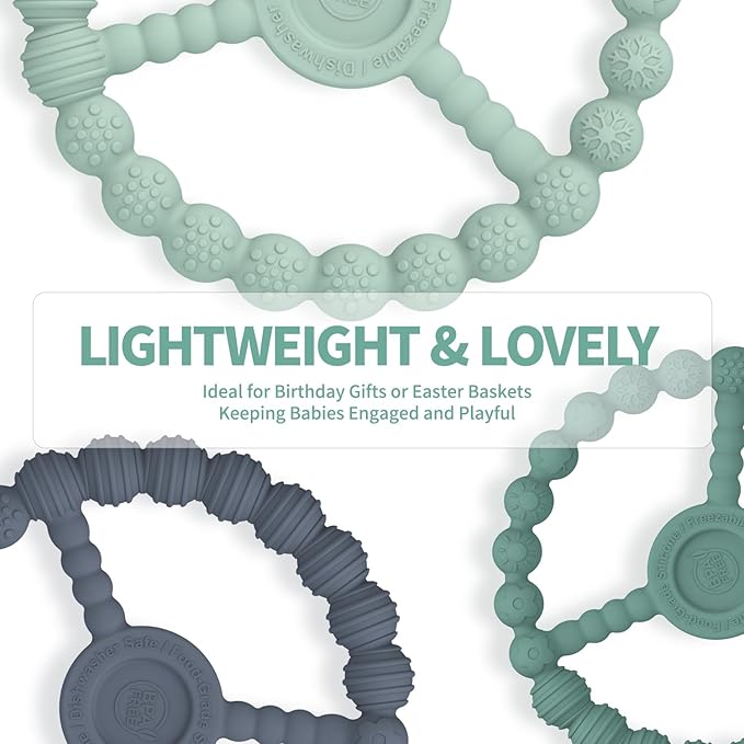 3 Pack Baby Teething Toys 3-6 Months, Silicone Ring Teethers for Babies 6-12 Months, Freezer Safe Chew Toy with Textured Grip for Boys Girls Teething Relief, Infant Easter Gift (Mint Green Blue)-CubbioJoy