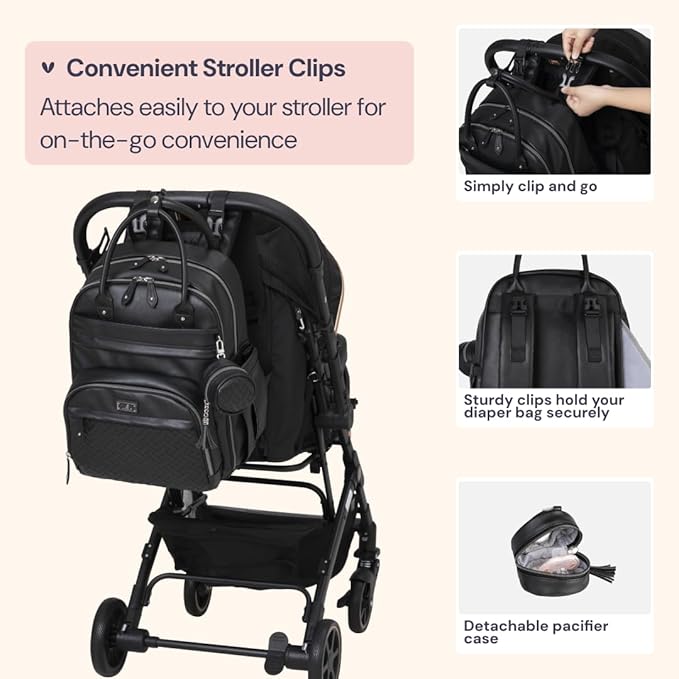 BabbleRoo Leather Diaper Bag Backpack - Baby Essentials Travel Baby Bag, Multi function, with Changing Pad, Stroller Straps & Pacifier Case – Unisex, Black-CubbioJoy