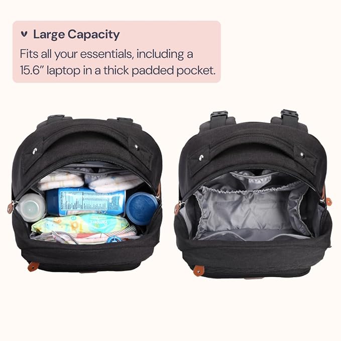 BabbleRoo Diaper Bag Backpack, Travel Backpack with Changing Pad, Pacifier Case & Stroller Straps, Multifunction, Waterproof, Unisex – Black-CubbioJoy