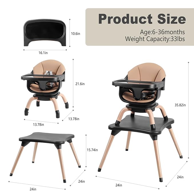 Baby High Chair, 7 in 1 Convertible High Chairs for Babies and Toddlers, Kids Learning Table, Building Block Table, Toddler Dining Chair with 360° Rotating Seat, 5-Point Safety Harness (Black)-CubbioJoy