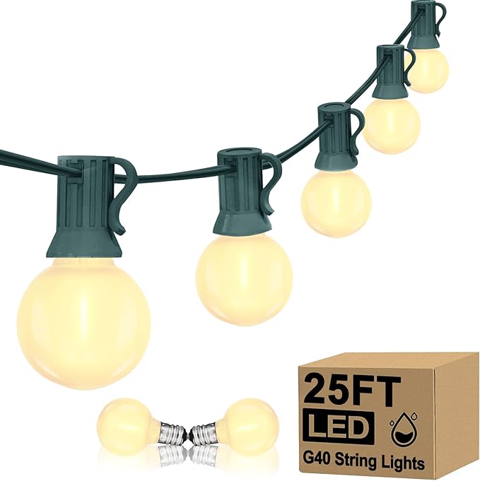 25Ft Outdoor Christmas Lights, Dimmable G40 LED Patio String Lights with 27 Frosted White Globe Bulbs, Green Wire Outdoor Christmas Decorations Lights Waterproof for Wedding Party Porch Backyard-CubbioJoy