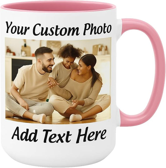 Customized 15oz Ceramic Coffee Mugs with Personalized Text and Photo Image Upload Novelty Gift, Personalize With Different Design And Images, Custom Gift (Pink)-CubbioJoy