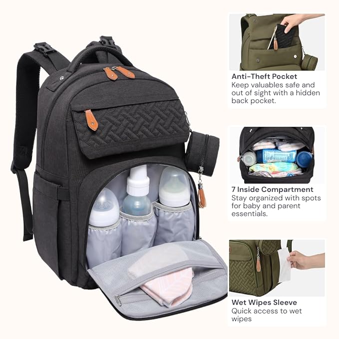 BabbleRoo Diaper Bag Backpack, Travel Backpack with Changing Pad, Pacifier Case & Stroller Straps, Multifunction, Waterproof, Unisex – Black-CubbioJoy