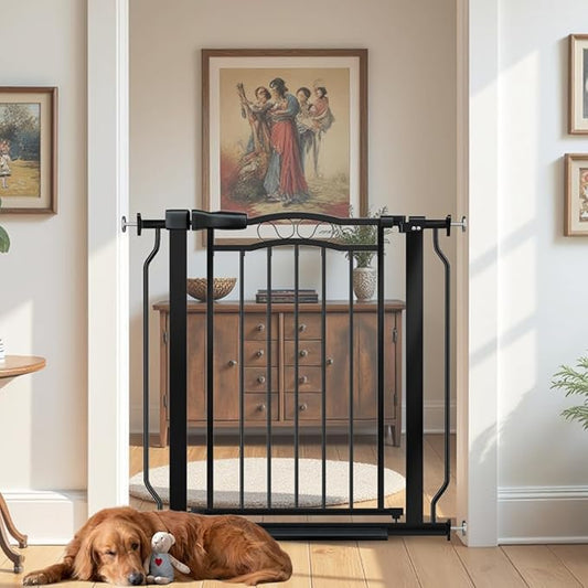 29.53"-33.85" Mornyray Auto-Close Baby Gate Extra Wide, Pressure Mounted Dog & Pet Gate for Stairs Doorways, No Drill Safety Barrier with Lace Design, Metal Child Proof Gate Indoor Outdoor, Black-CubbioJoy