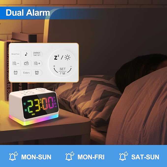 JALL Digital Alarm Clock with FM Radio for Bedroom, 8 Colors Night Light with 2 Charging Port, Sleep Sound Machines with Timer, Dual Alarm, Loud Alarm and Easy to Use for Seniors and Kids as Gift-CubbioJoy