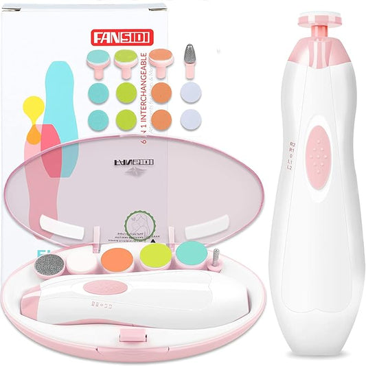 Baby Nail Trimmer Electric, FANSIDI Baby Nail File Infant Nail Clippers with 10 Grinding Pads 8 Sandpapers for Newborn Infant Toddler or Adults Toes Fingernails Care - AA Battery Operated (White/Pink)-CubbioJoy