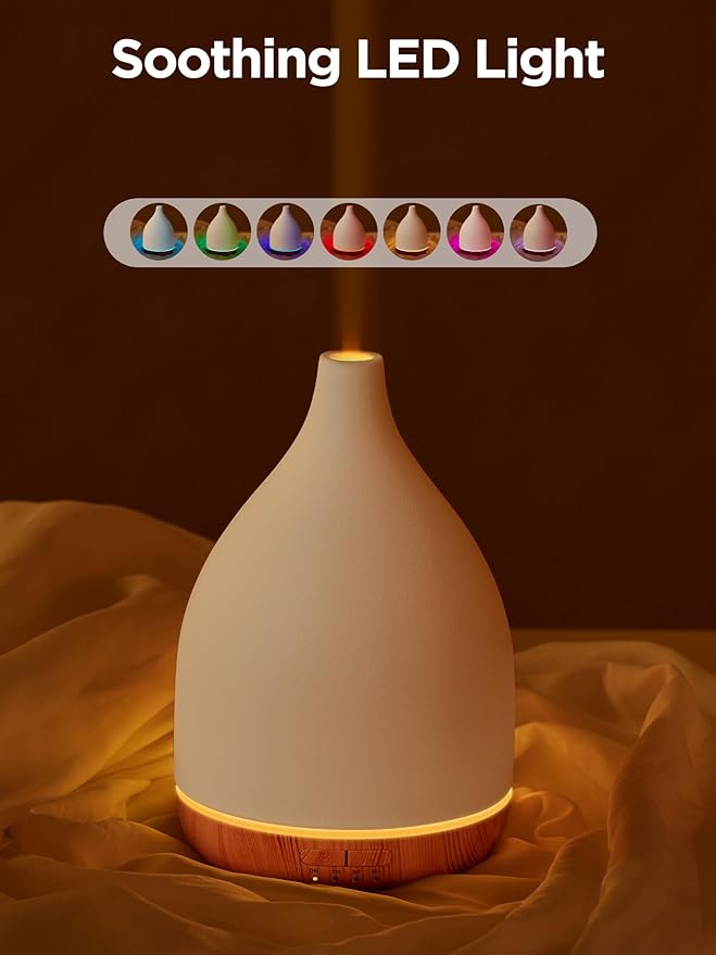 InnoGear Oil Diffuser, 300ML Ceramic Diffuser for Essential Oils Handcrafted Aromatherapy Diffuser Ultrasonic Cool Mist Humidifier with 4 Timers Waterless Auto Off for Room Office, White-CubbioJoy