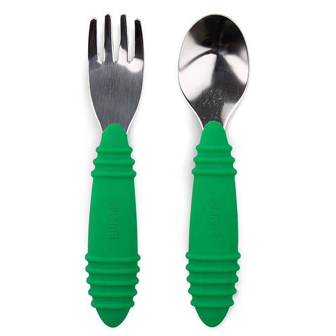 Bumkins Toddler Utensils, Kids Size Fork and Spoon Set, Silicone and Stainless-Steel Training Silverware, Fork / Spork for Self-Feeding, Children Hold Learning to Eat, 18 Months Up, Jade Green-CubbioJoy