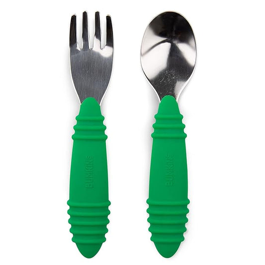 Bumkins Toddler Utensils, Kids Size Fork and Spoon Set, Silicone and Stainless-Steel Training Silverware, Fork / Spork for Self-Feeding, Children Hold Learning to Eat, 18 Months Up, Jade Green-CubbioJoy