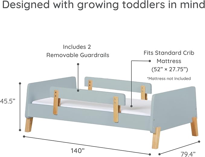 dadada Muse Blue Toddler Bed with 2 Removable Safety Rails. Low Profile Montessori Bed. Sturdy Solid Wood Frame, Fits Standard Crib Mattress, Easy to Assemble, Toddler Bed for Boys & Girls - Blue-CubbioJoy