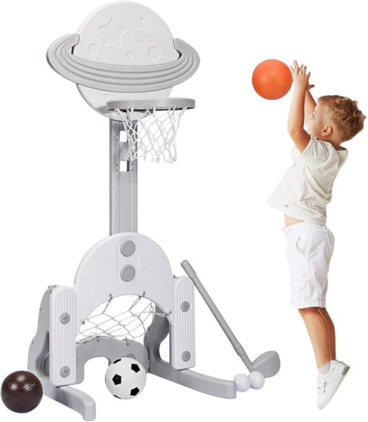 Costzon Kids Basketball Hoop, Toddler Sports Activity Center with 5 Adjustable Height Levels, Basketball Soccer Golf Game Set, Indoor Outdoor Basketball Hoop Set Best Gift for Baby Infant-CubbioJoy