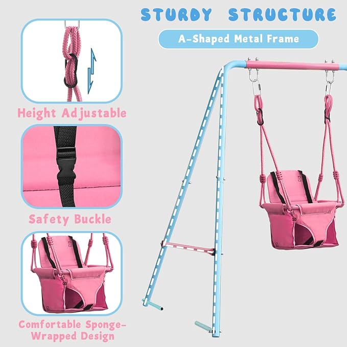 2-in-1 Toddler Swing Set with Metal Stand, Safety Belt & 4 Anchors - A-Frame Swing for Kids 6 Months+ (Pink, Indoor/Outdoor Backyard Playground)-CubbioJoy