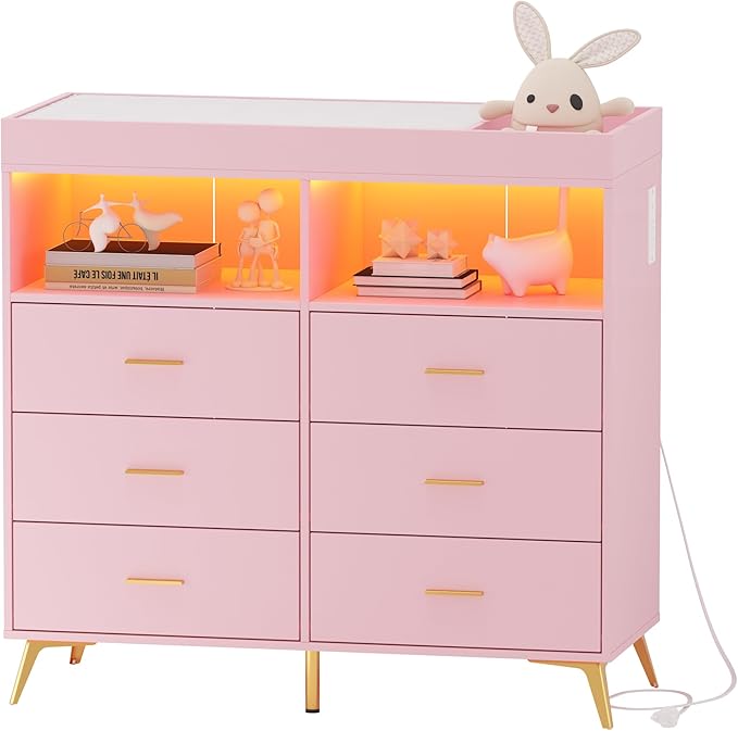 Changing Table Dresser with Drawers, Baby Dresser with Changing Table Top, Power Outlet, LED Light & Metal Feet, Diaper Changing Station Nursery Organizer for Infants Newborn, Pink-CubbioJoy