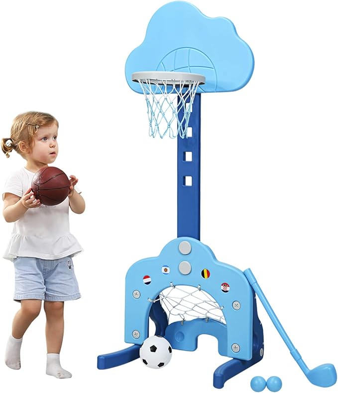 Costzon Kids Basketball Hoop, Toddler Sports Activity Center w/ 5 Adjustable Height Levels, Basketball Soccer Golf Game Set, Indoor Outdoor Basketball Hoop Set Gift for Baby Infant-CubbioJoy