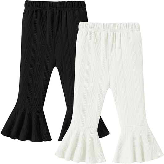 2 Pack Toddler Baby Girl Pants Flare Leggings Ribbed Knit Newborn Bell Bottoms Solid Ruffle Infant Pants for Girls-CubbioJoy