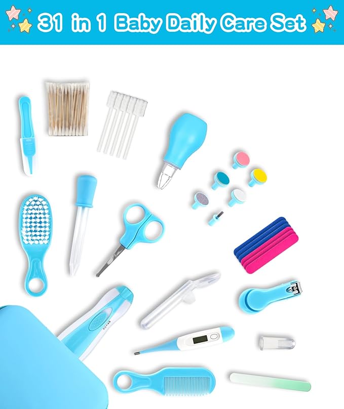 Baby Grooming and Healthcare Kit, Portable Baby Safety Care Set with Hair Brush Comb Nail Clipper Nasal Aspirator for Nursery Newborn Infant Girl Boy (31 in 1, Blue)-CubbioJoy