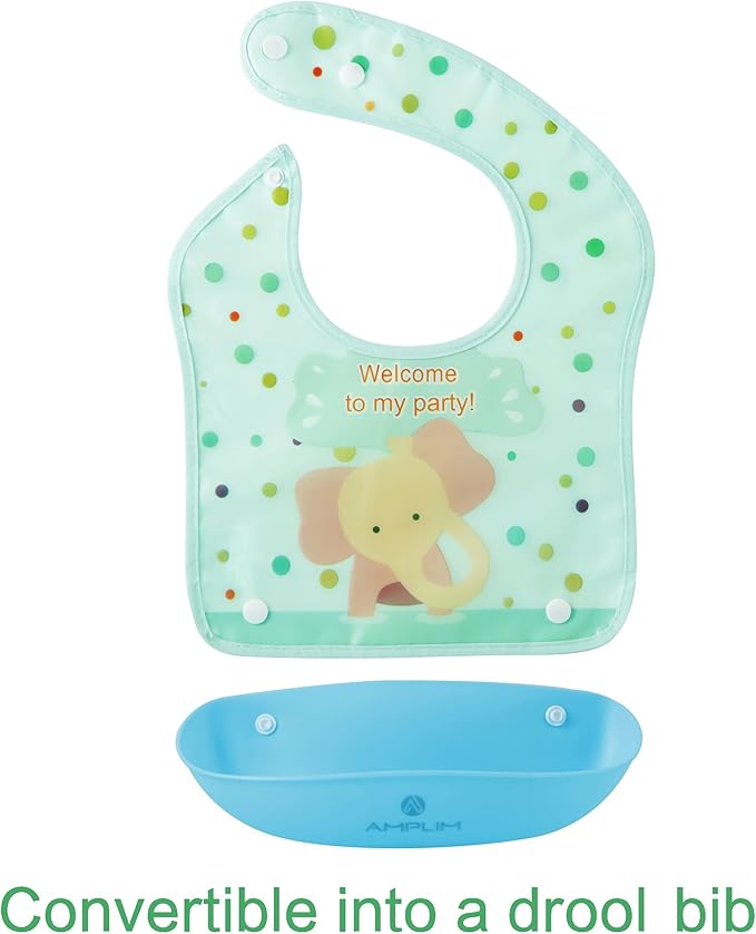 Amplim Baby Feeding Bib (3-Pack) Toddler/Baby Bibs for Eating. Waterproof, Adjustable, Lightweight. Eco-friendly PEVA material. BPA, Lead, Phthalate, Cadmium free-CubbioJoy