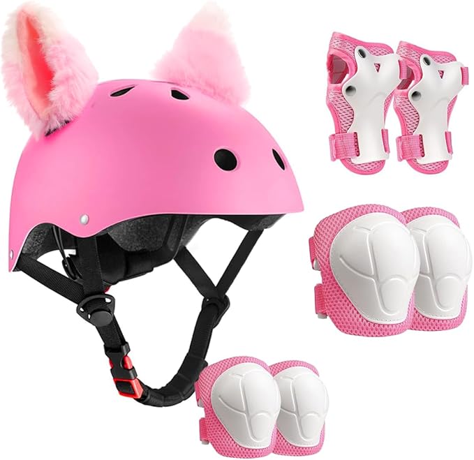 Kids Bike Helmet with Knee Elbow Wrist Pads Guards,Pink,for Ages 2-3-5-8-14,Sports Bicycle,Skate Scooter,Rollerblading with Unicorn Sticker-CubbioJoy