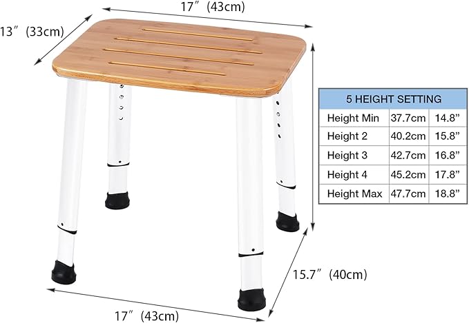 Bathroom Shower Bench Bath Stool Bathtub Seat Spa Chair Foot Rest Step, Height Adjustable Lightweight Waterproof and Rustproof, Bamboo-CubbioJoy